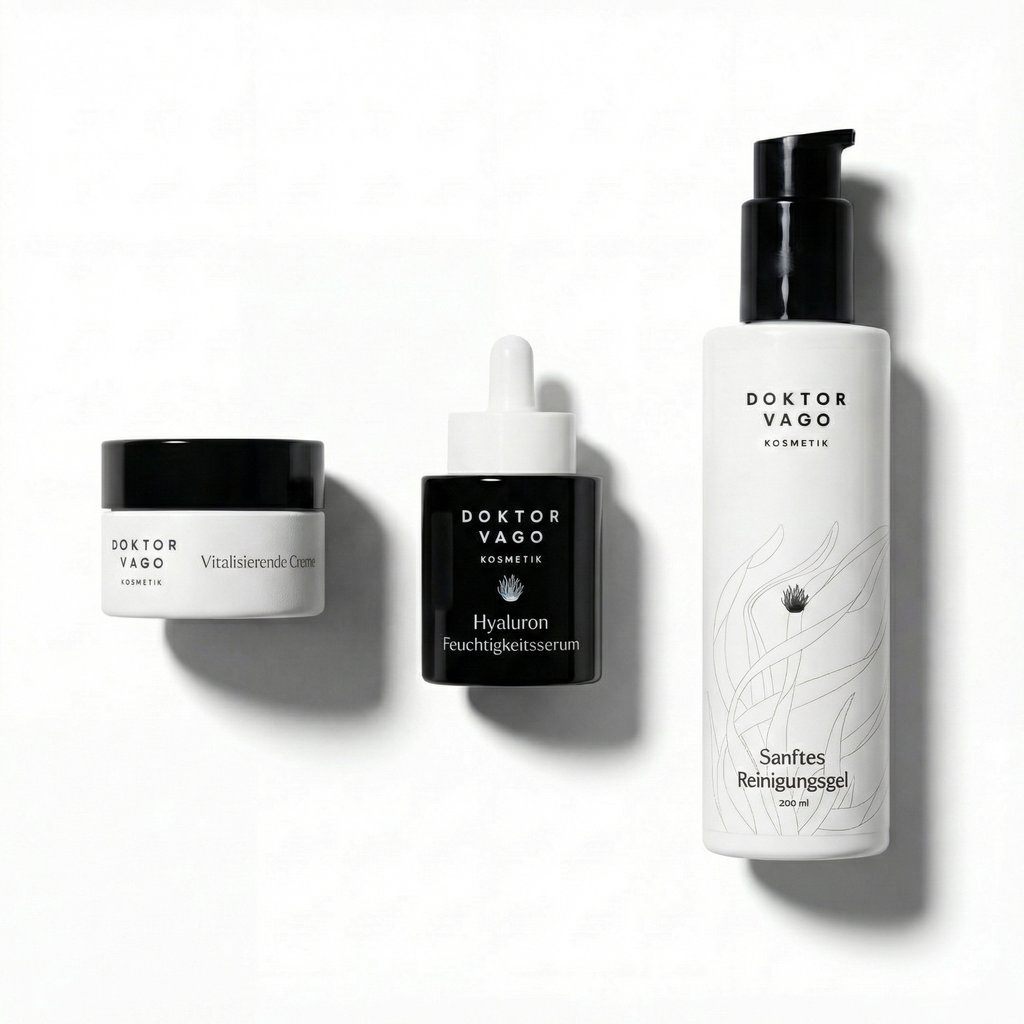 Vagokosmetik Essential Bundle mit verschiedenen Pflegeprodukten für die intime Hygiene, in einer weißen Verpackung.