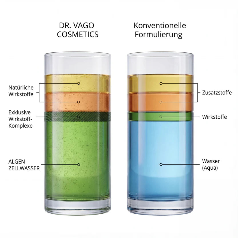 Vergleich Dr. Vago Kosmetik: Algenzellwasser-Basis mit natürlichen Wirkstoffen und exklusiven Wirkstoff-Komplexen im Hyaluron Serum – versus konventionelle Kosmetikformulierung mit Wasser (Aqua) als Füllstoff
