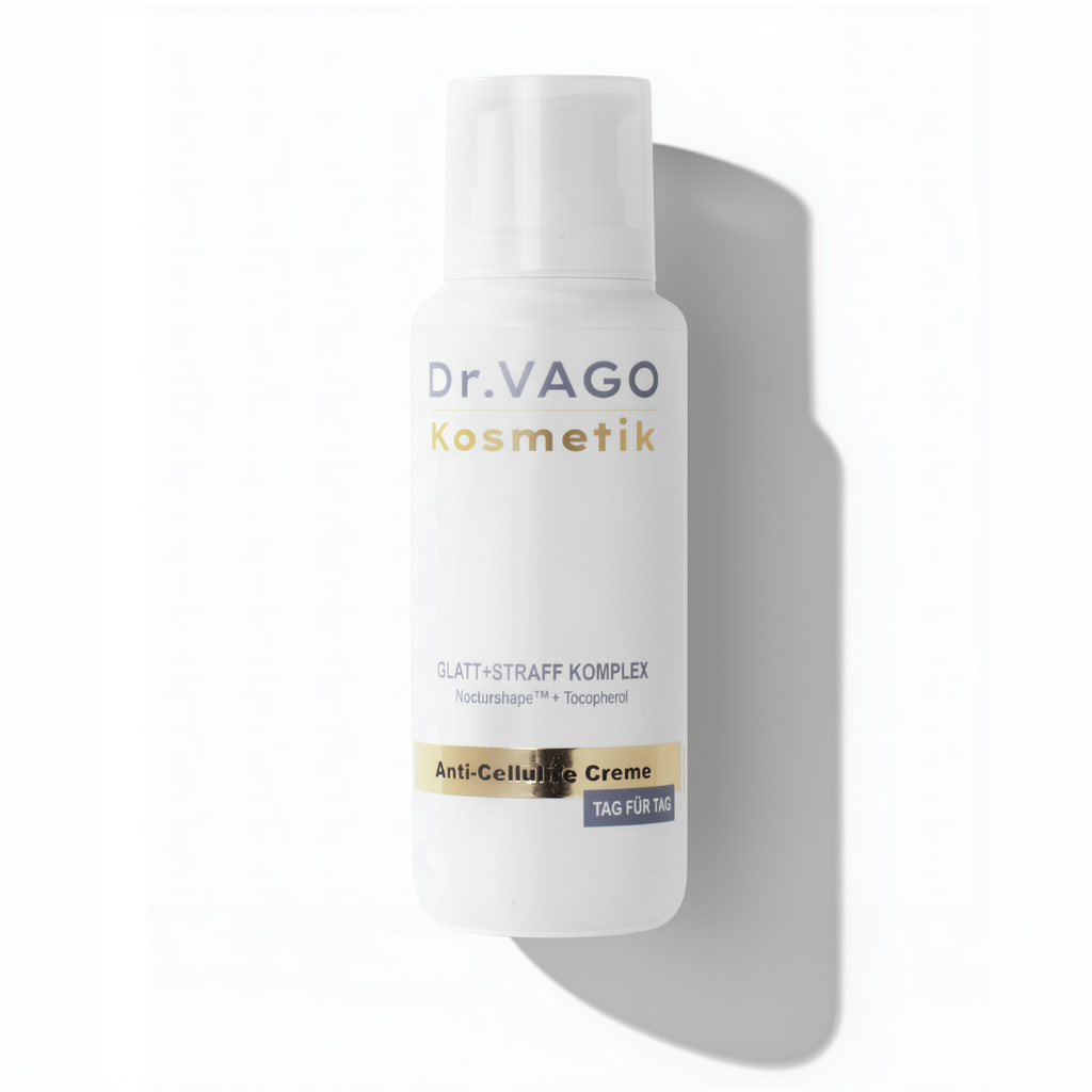 Straffende Anti-Cellulite Körperlotion mit Nocturshape™ in 200ml Pumpflasche, sichtbare Textur und Anwendung.