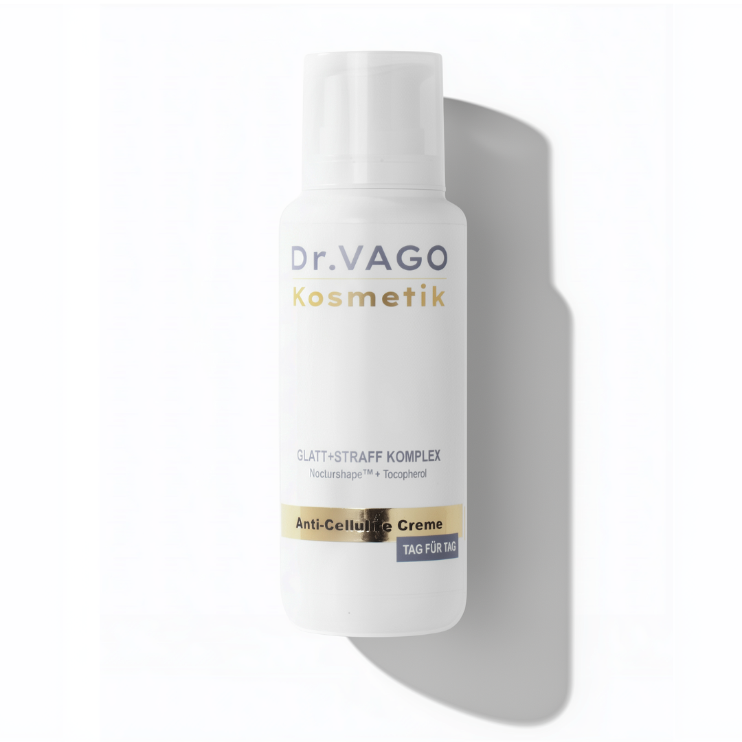 Straffende Anti-Cellulite Körperlotion mit Nocturshape™ in 200ml Pumpflasche, sichtbare Textur und Anwendung.