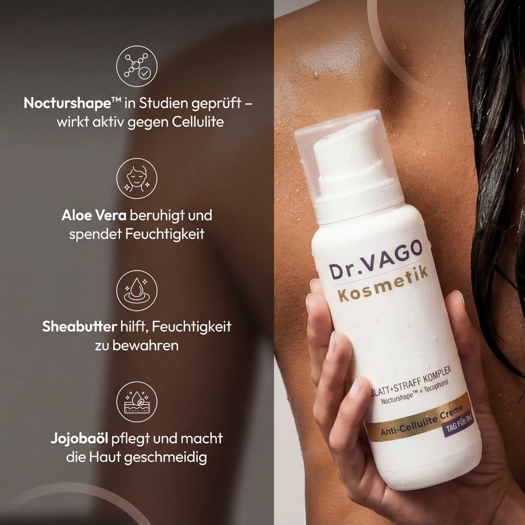 Anti-Cellulite Körperlotion mit Nocturshape™, Aloe Vera, Sheabutter und Jojobaöl, zeigt die Wirkstoffe für straffende Pflege.