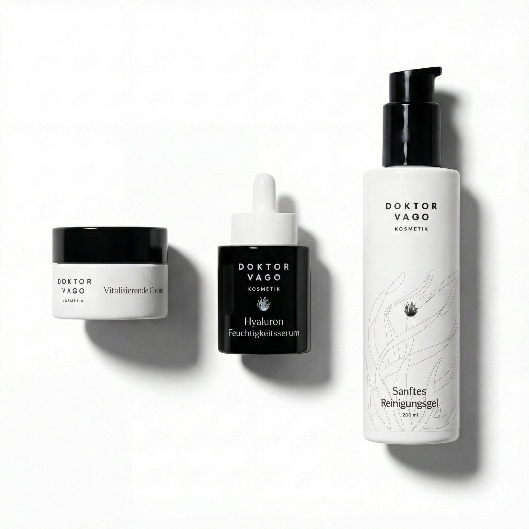 Dr. Vago Essential Hautpflege Set mit Reinigungsgel, Hyaluron-Serum und vitalisierender Gesichtscreme