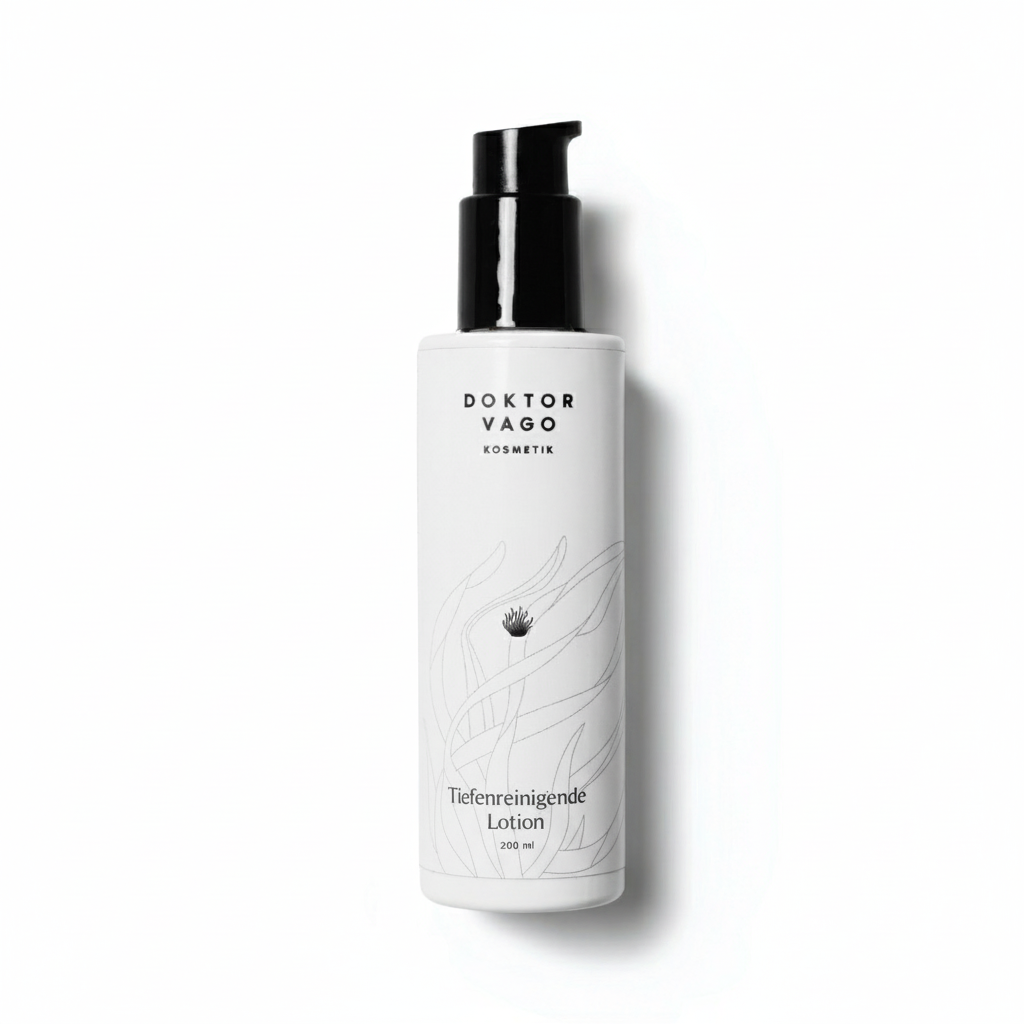 Tiefenreinigende Lotion von Vagokosmetik in einer weißen Flasche, ideal für gründliche Hautreinigung und Porenreinigung.